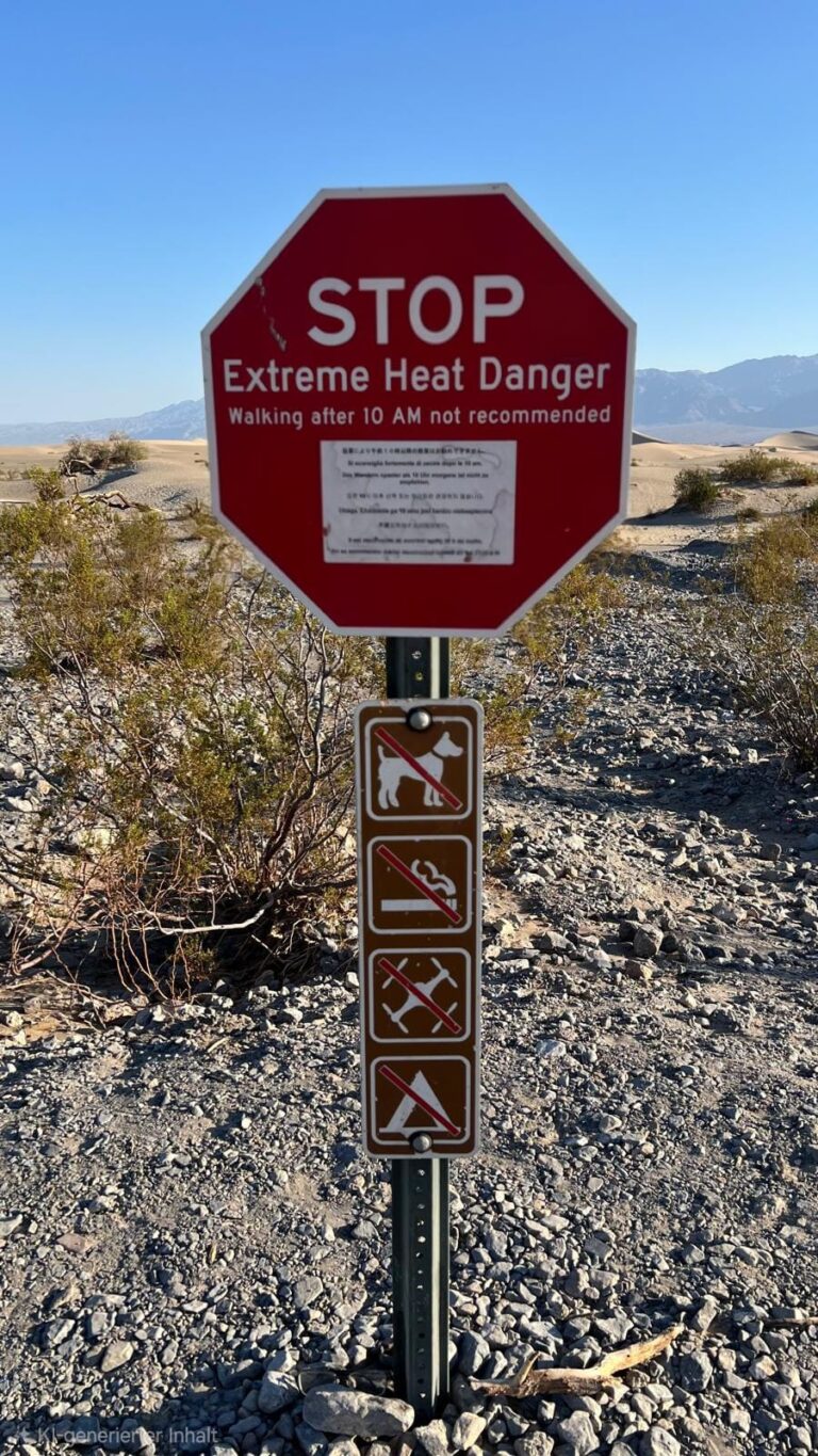 Hochzeit bei Hitze planen, Warnschild extreme Hitze im Death Valley