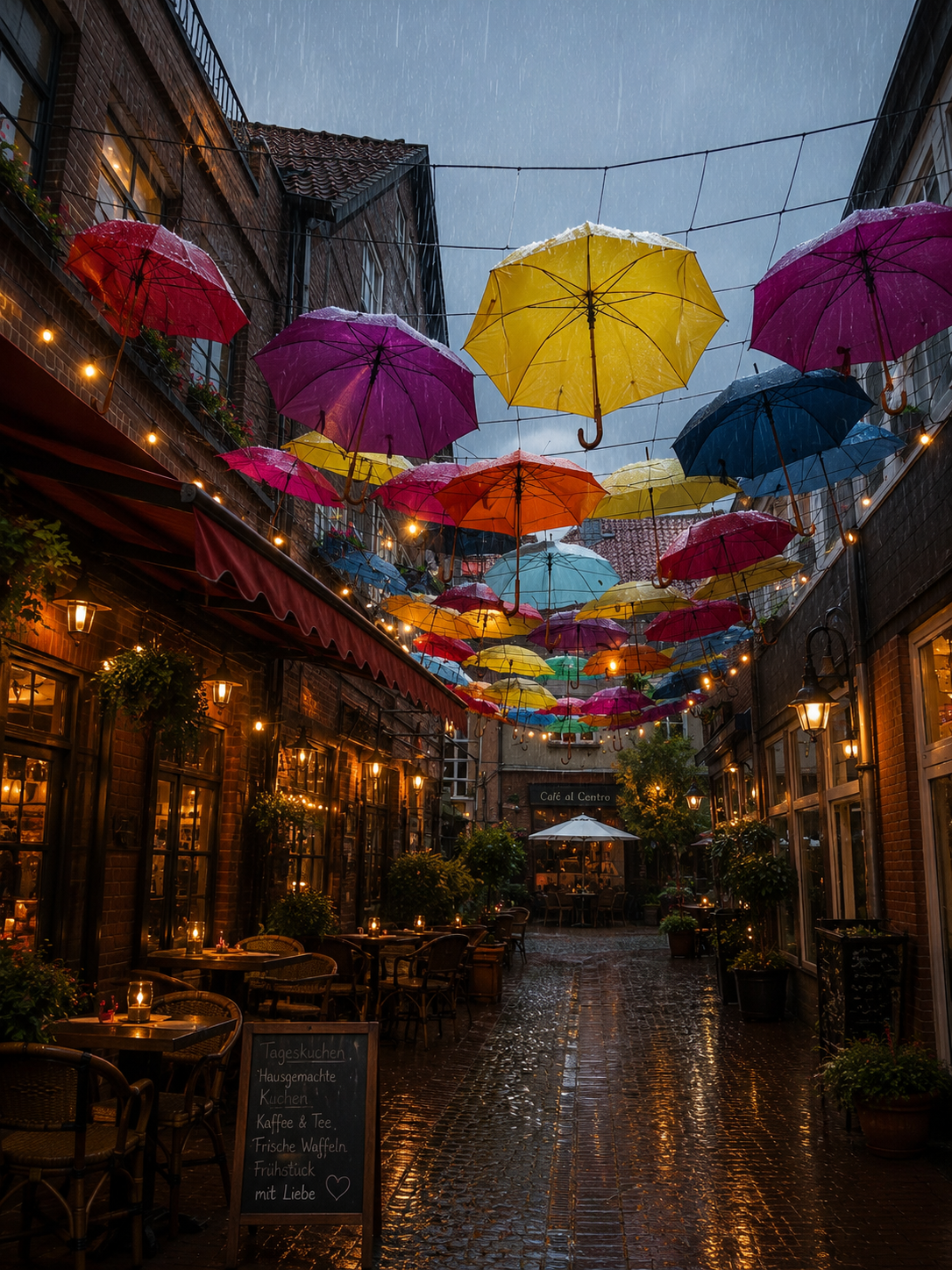 Brautpaar und Hochzeitsgesellschaft mit bunten Regenschirmen im Regen, Regen bringt Glück