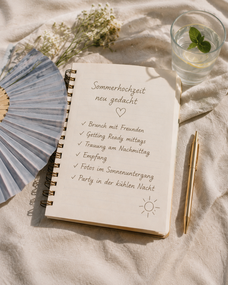 Tagesplan für eine späte Sommerhochzeit. Sommerhochzeit mit der Sonne geplant.