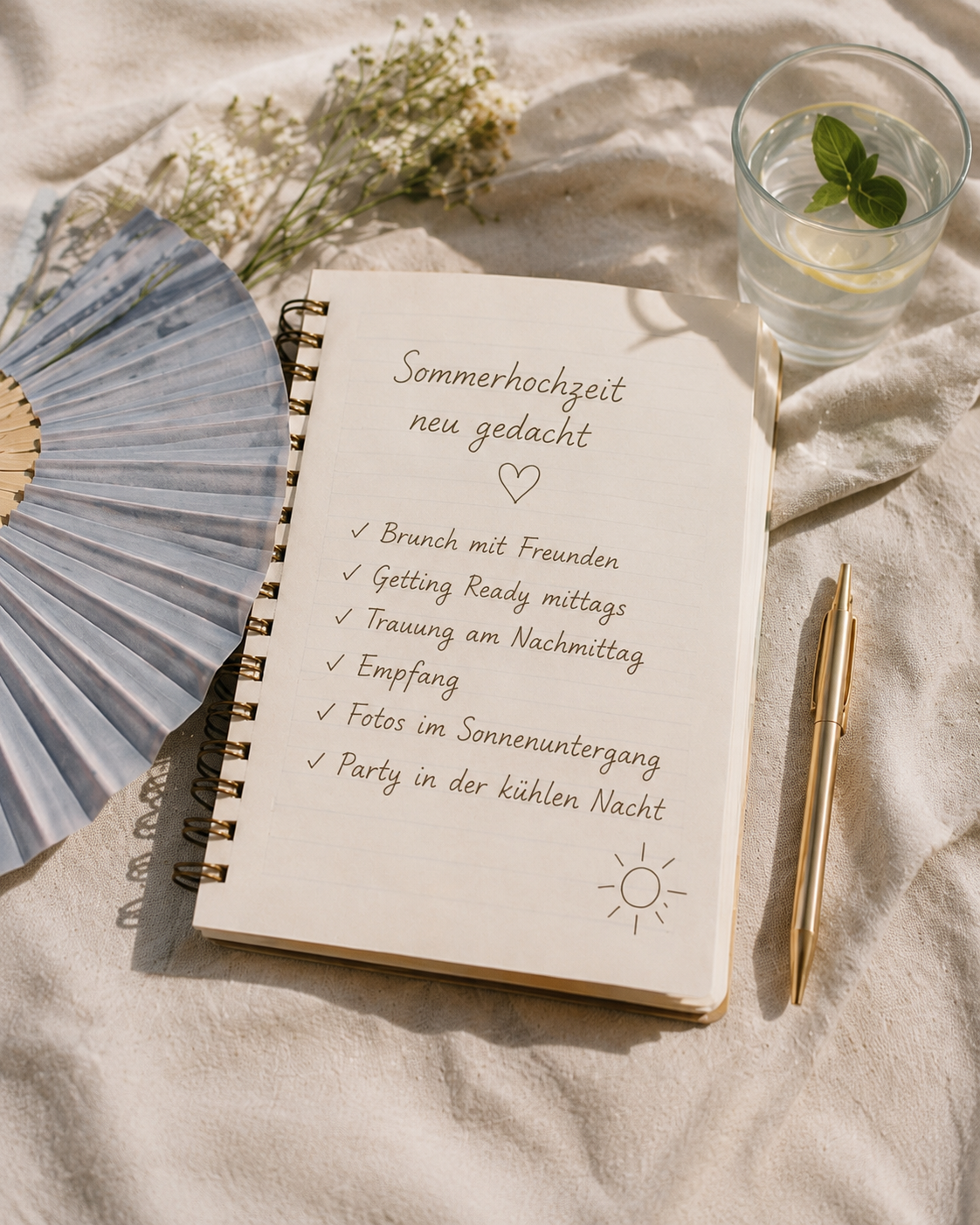 Tagesplan für eine späte Sommerhochzeit. Sommerhochzeit mit der Sonne geplant.