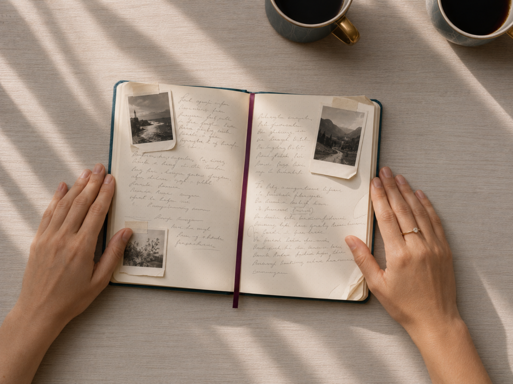 Zwei Hände liegen auf einem gut benutzten Notizbuch mit eingeklebten Fotos und Notizen, eine Hand trägt einen Verlobungsring, daneben zwei Kaffeetassen.