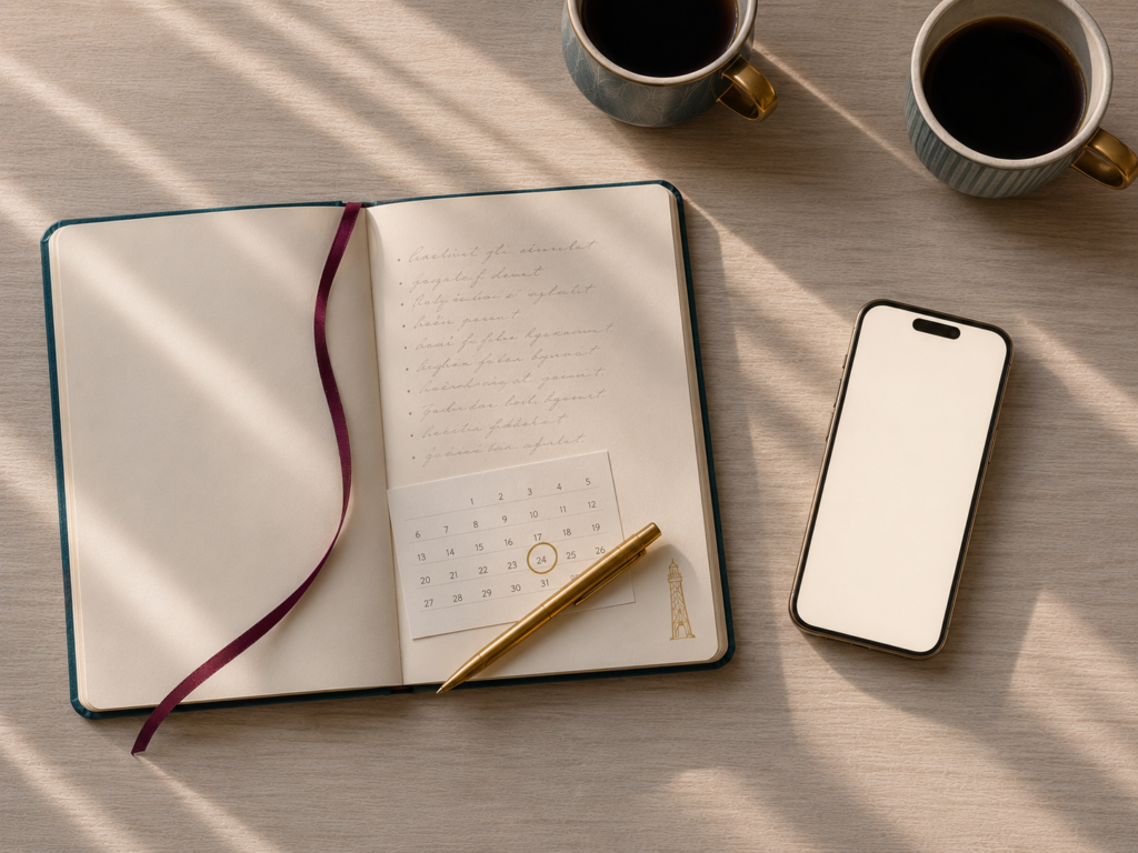 Ein aufgeschlagenes Notizbuch mit einer handschriftlichen Fragenliste und einem Kalender, auf dem ein Datum golden eingekreist ist, daneben ein Smartphone.