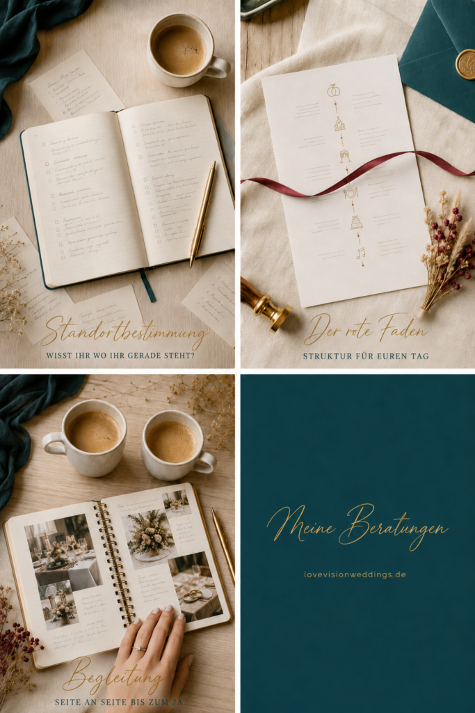 Collage der drei Hochzeitsberatungen von Love Vision Weddings: Standortbestimmung, Der rote Faden und Begleitung