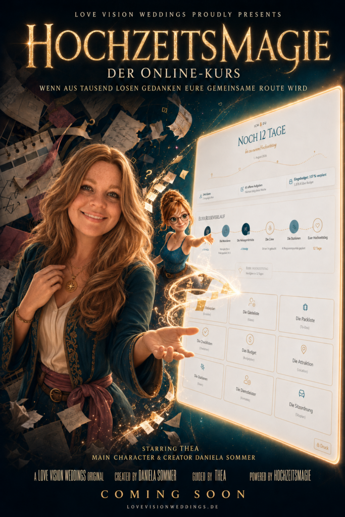 Filmplakat zum Online-Kurs Hochzeitsmagie von Daniela Sommer mit dem Planungstool und Assistentin Thea