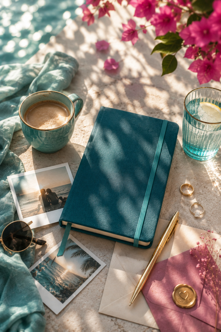 Notizbuch, Stift, Kaffetasse und Wasserglas und mehrere Fotos im Schatten auf einem Tisch liegend.
