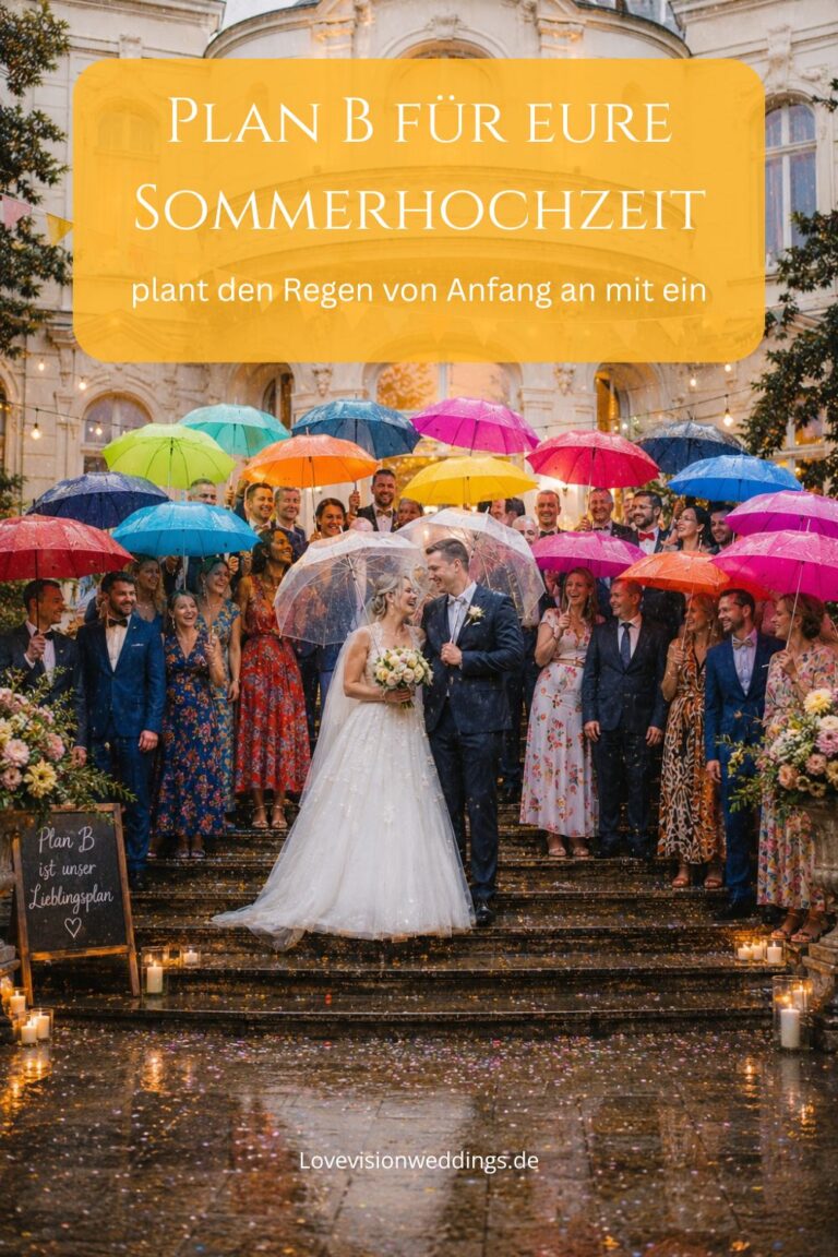 Regen bei der Hochzeit, Hochzeitsgesellschaft mit bunten Schirmen und Schild Plan B ist unser Lieblingsplan