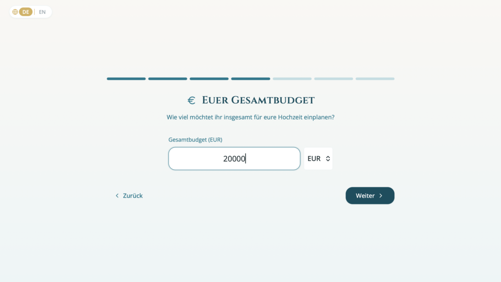 Budgetmagie Eingabeschritt 3: Gesamtbudget und Währung angeben